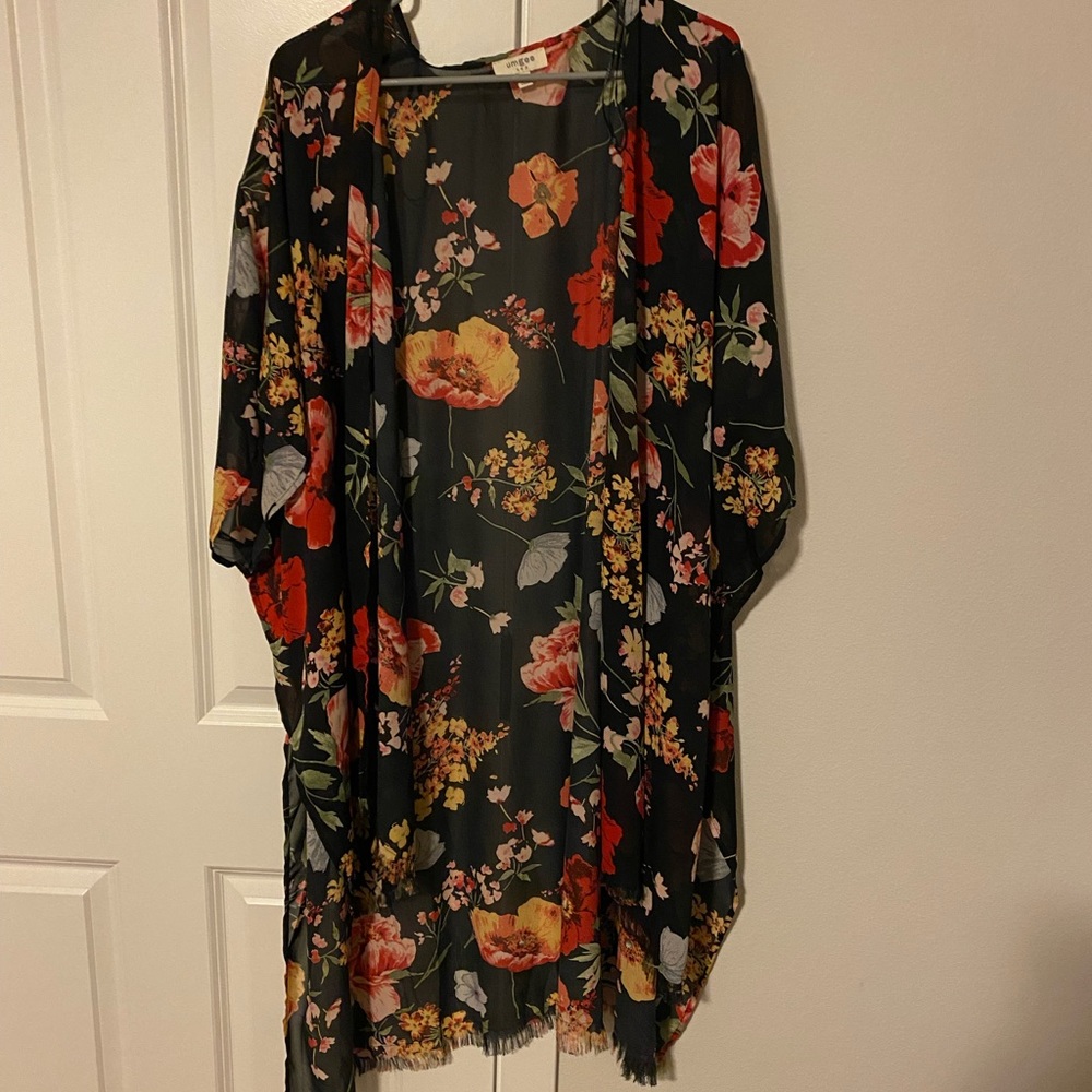 Umgee Black Floral Kimono with Red and Yellow Flowers